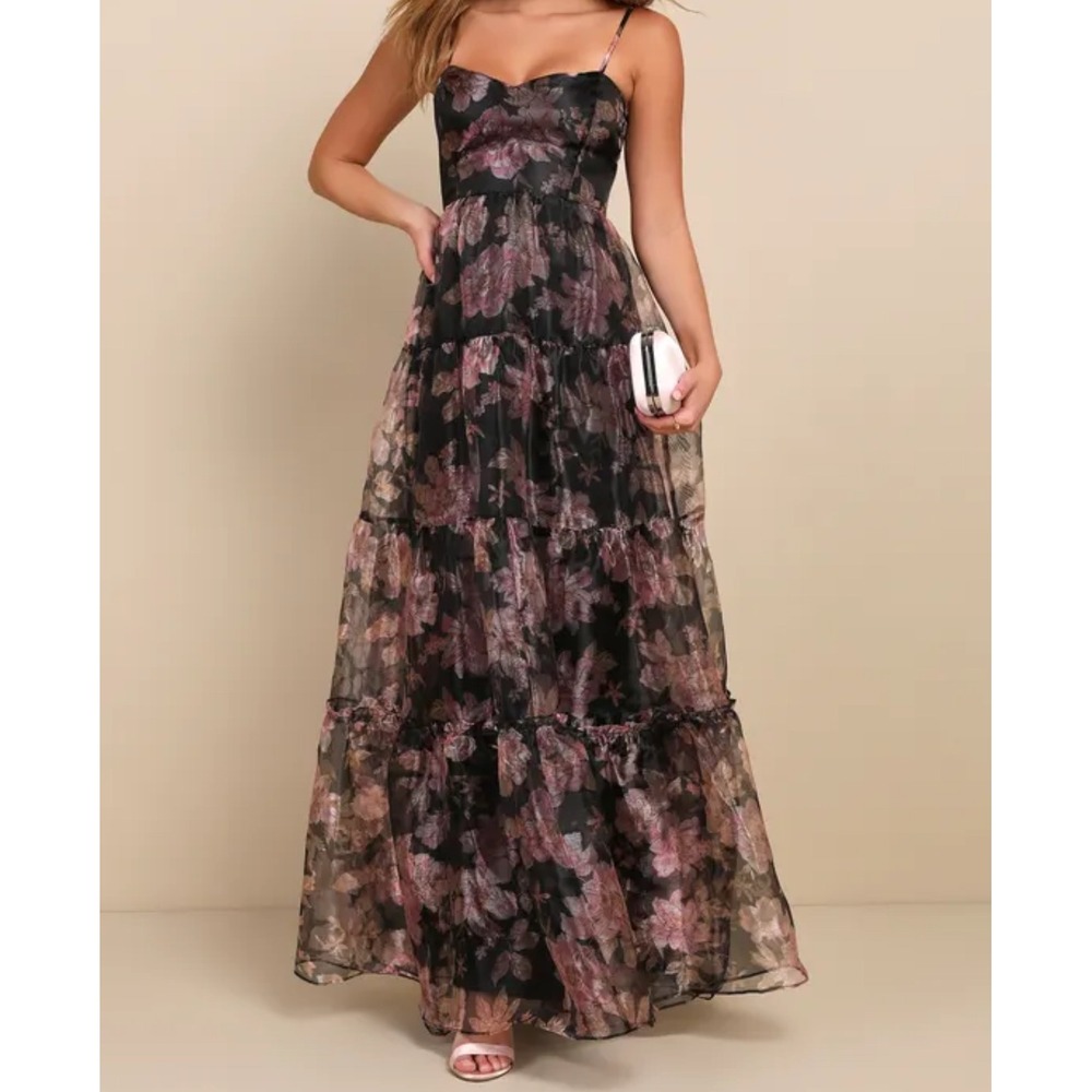 Lulu's Black Floral Maxi Dress with Pink & Mauve Prints